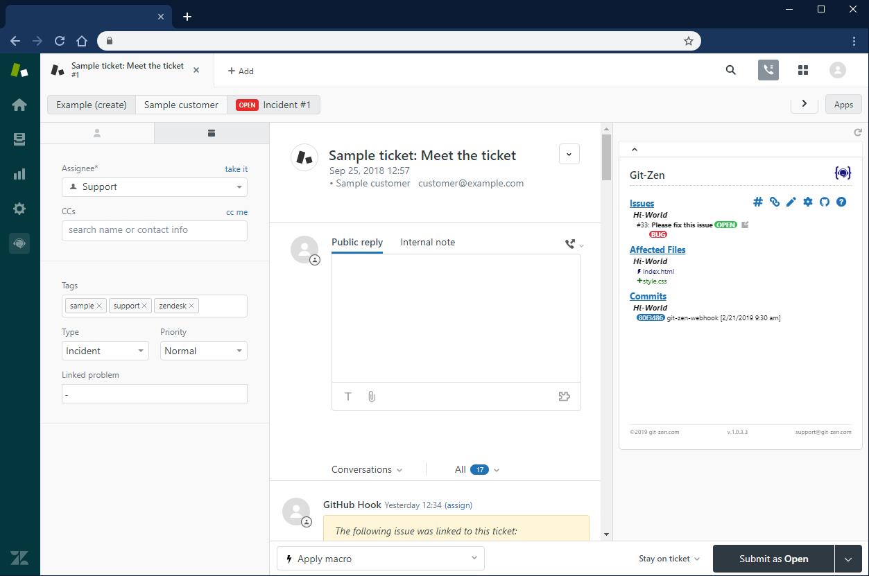 GitHub and Zendesk Integration Interface showing issue synchronization